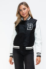 Love Me Now PU Leather Contrast Snap Down Bomber Jacket - Trendsi