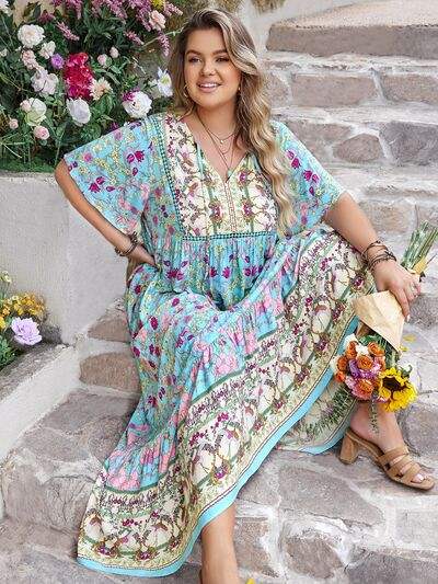 Plus Size Printed Tie Neck Flutter Sleeve Maxi Dress - Trendsi - Flyclothing LLC