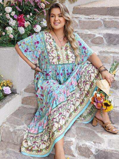Plus Size Printed Tie Neck Flutter Sleeve Maxi Dress - Trendsi - Flyclothing LLC