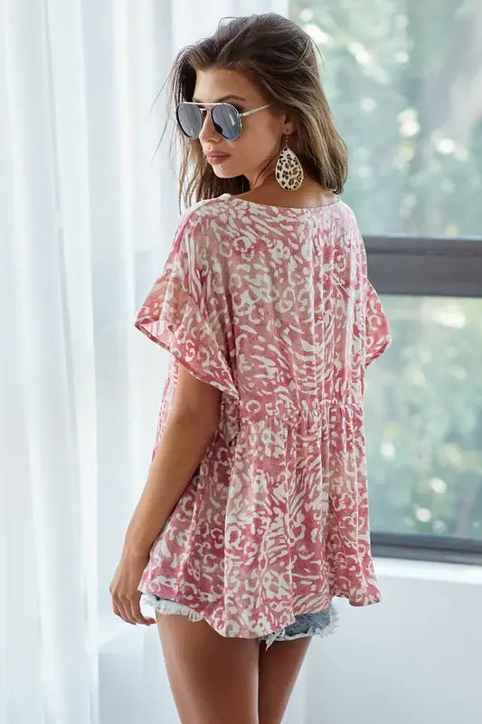 BiBi Leopard Print Gauze Woven Flutter Sleeve Blouse - Trendsi - Flyclothing LLC