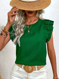 Ruffled Solid Round Neck Cap Sleeve Blouse - Trendsi