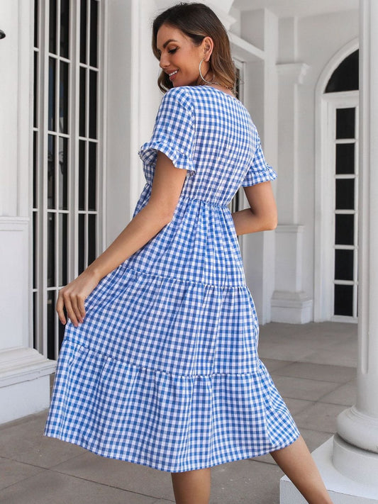 Plaid V-Neck Short Sleeve Midi Dress - Trendsi