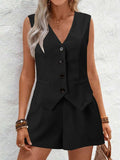 V-Neck Button Down Vest and Shorts Set - Trendsi - Flyclothing LLC