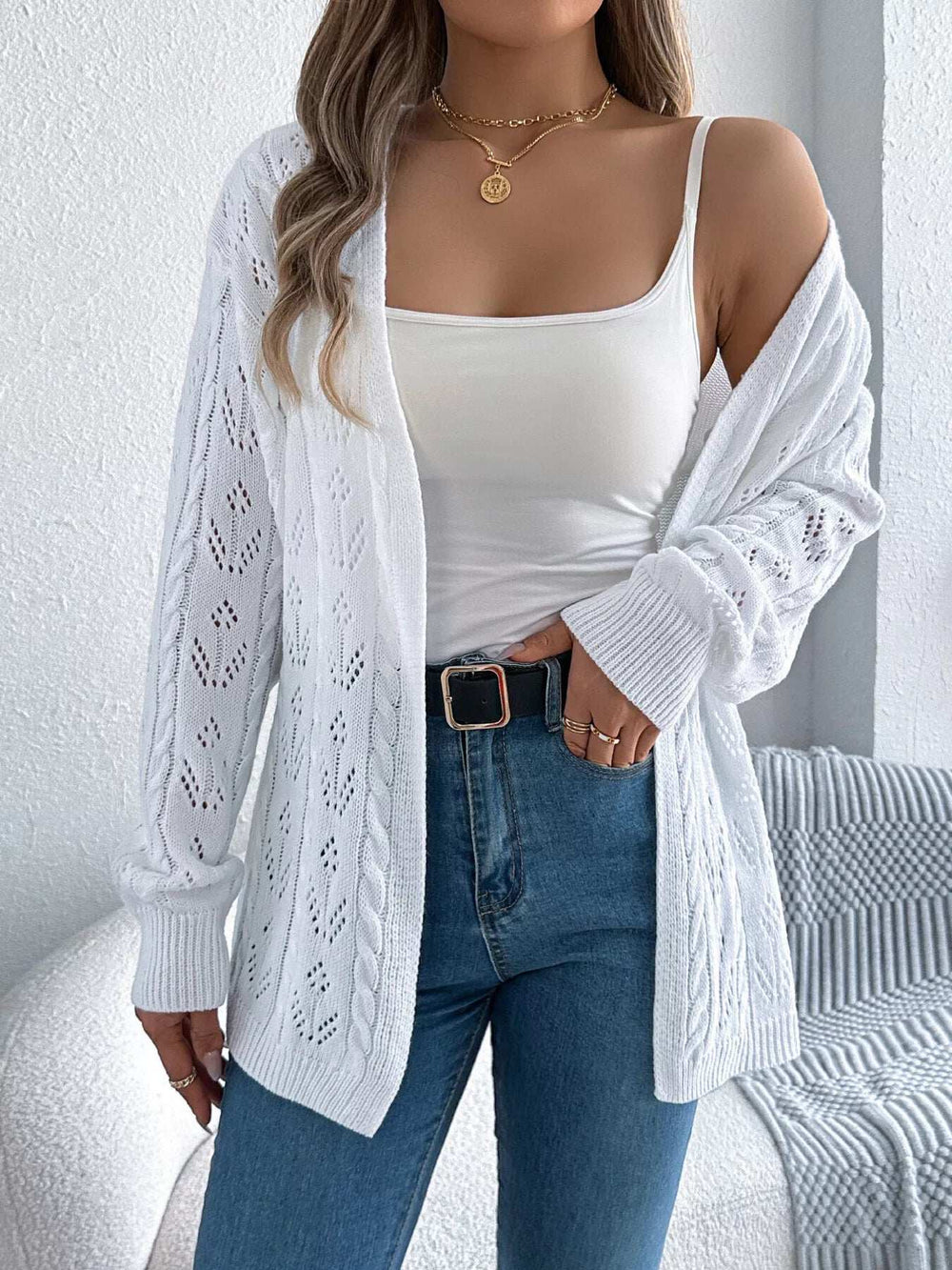 Openwork Open Front Long Sleeve Cardigan - Trendsi - Flyclothing LLC