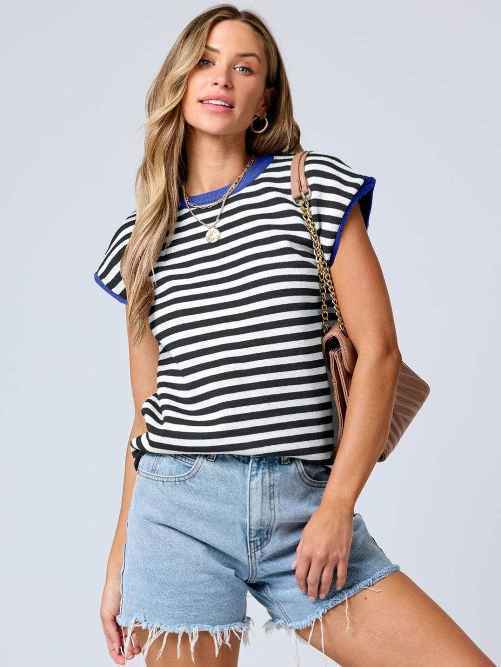 Mandy Contrast Round Neck Cap Sleeve Sweater - Trendsi