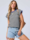 Mandy Contrast Round Neck Cap Sleeve Sweater - Trendsi