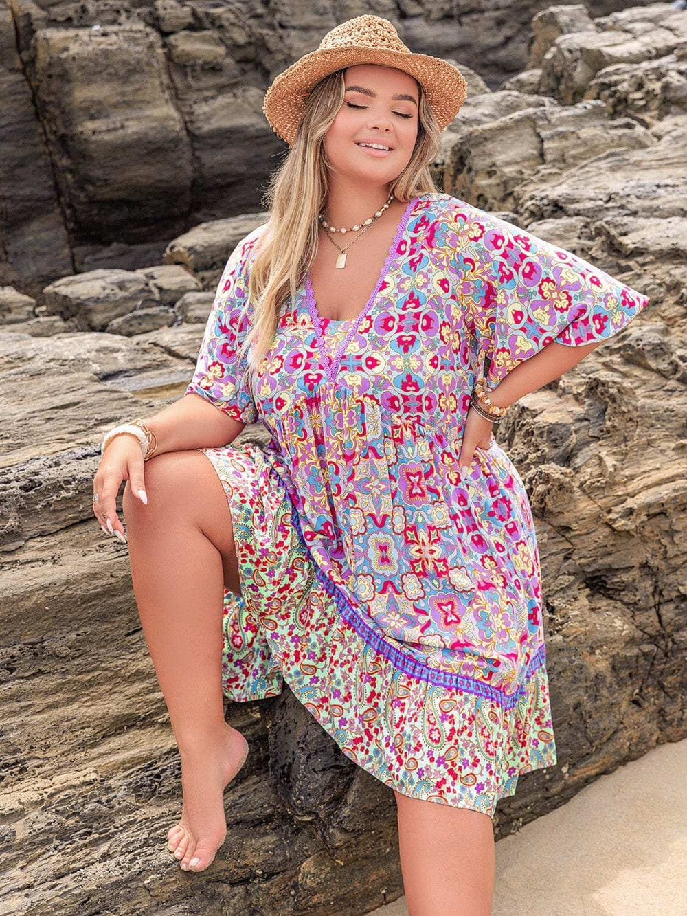Plus Size Lace Detail Printed Half Sleeve Dress - Trendsi - Flyclothing LLC