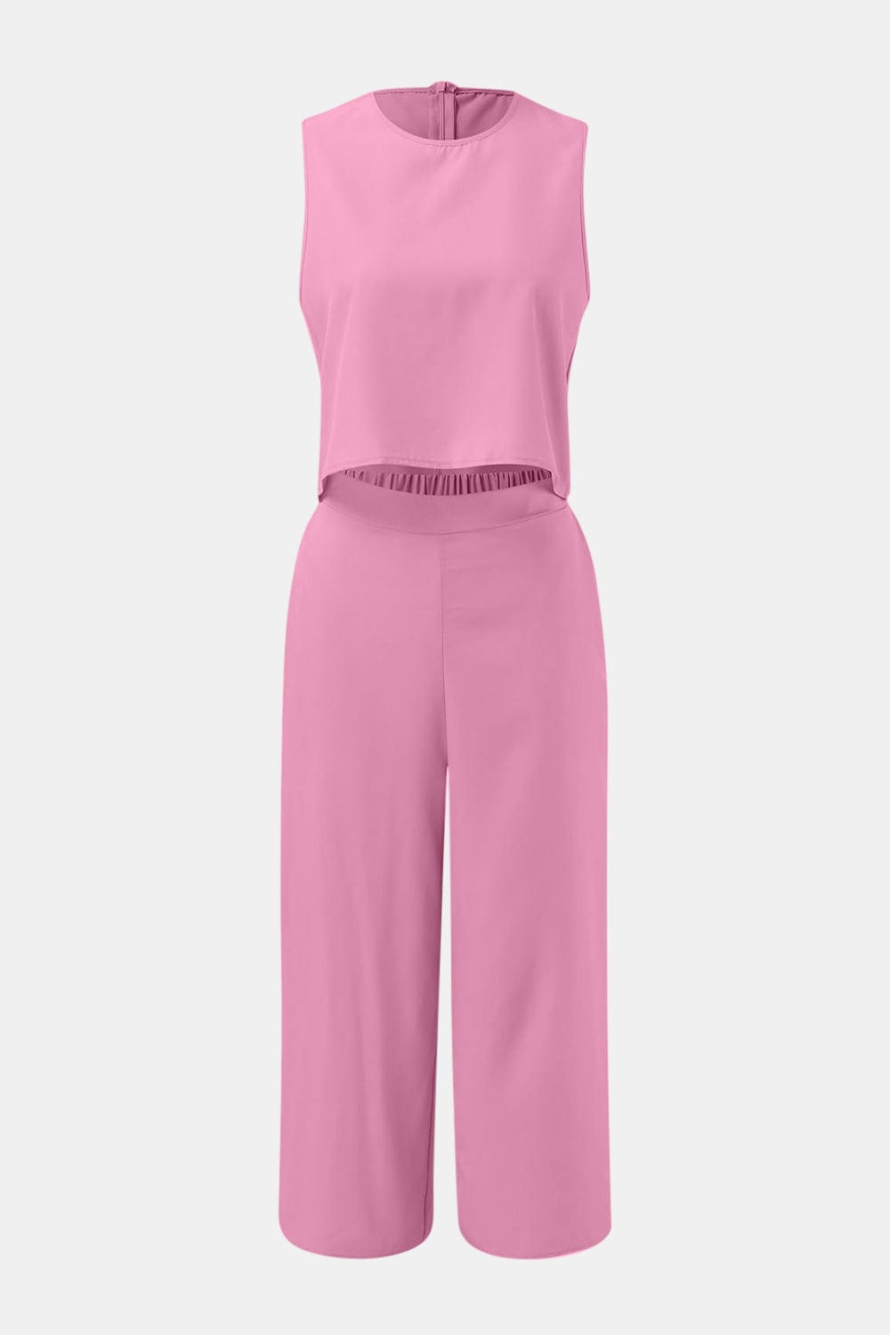 Round Neck Top and Wide Leg Pants Set - Trendsi