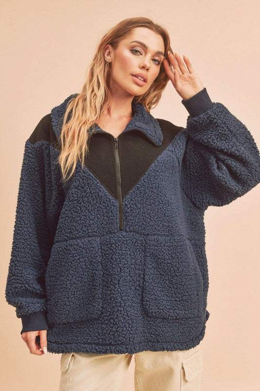 Aemi+Co Two Tone Half Zip Fleece Sweatshirt - Trendsi - Flyclothing LLC