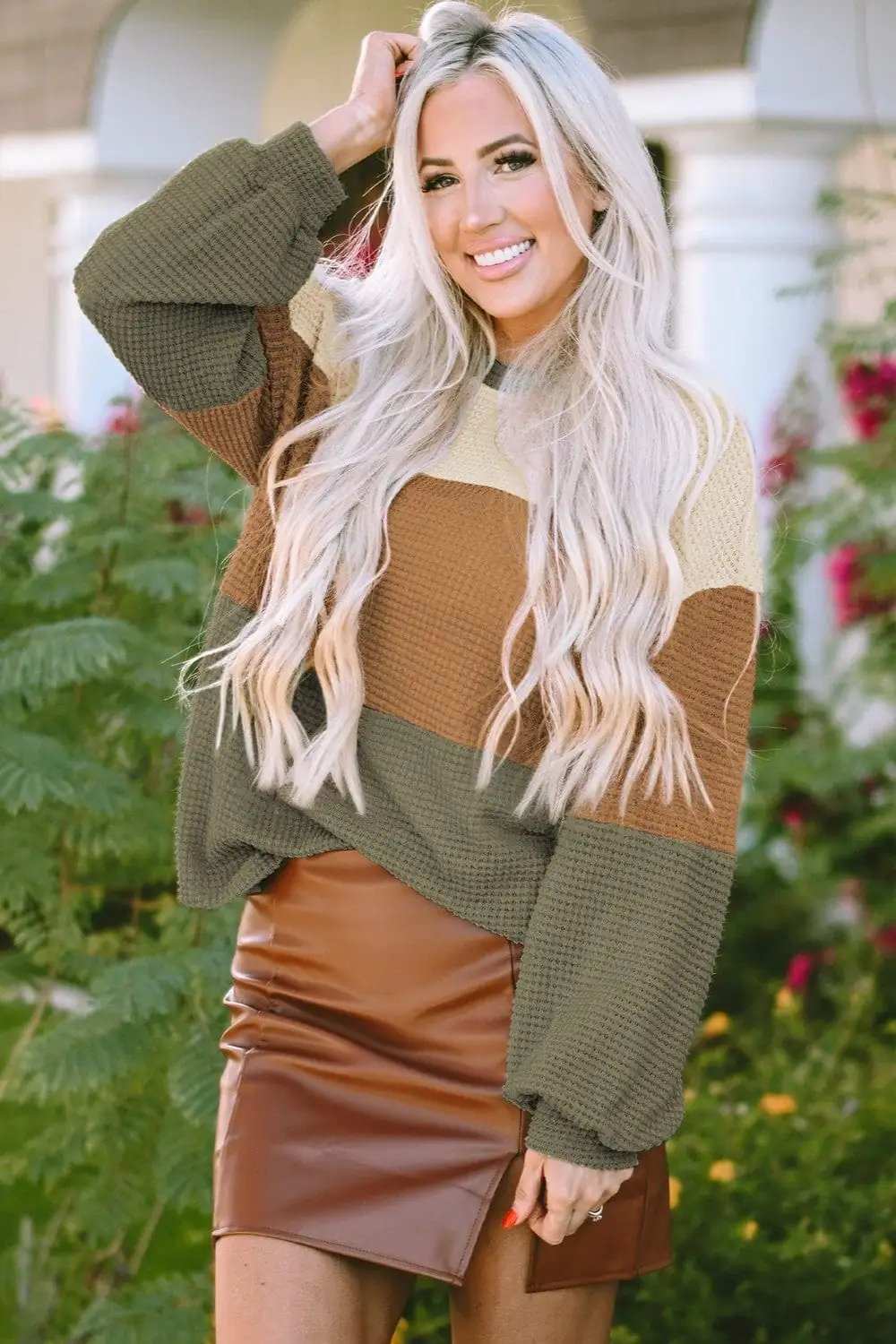 Waffle-Knit Color Block Round Neck Long Sleeve Blouse - Trendsi - Flyclothing LLC