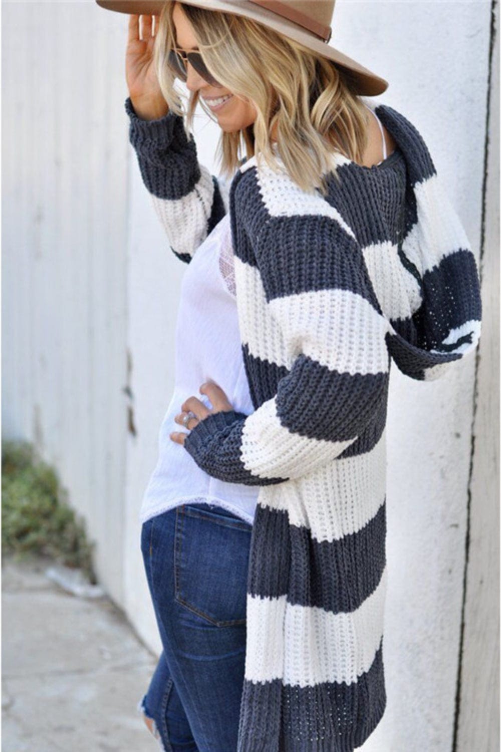 Contrast Stripes Open Front Long Sleeve Cardigan - Trendsi