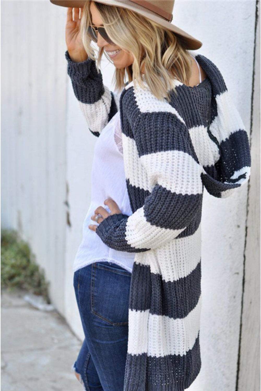 Contrast Stripes Open Front Long Sleeve Cardigan - Trendsi - Flyclothing LLC