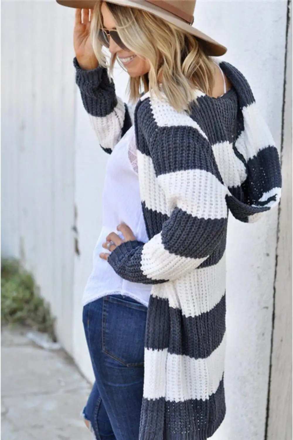 Contrast Stripes Open Front Long Sleeve Cardigan - Trendsi - Flyclothing LLC