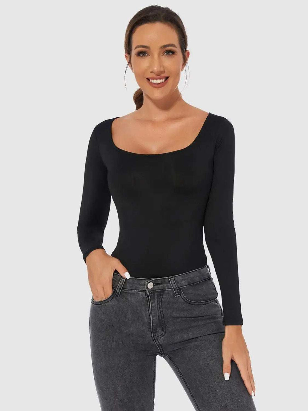 Full Size Scoop Neck Long Sleeve Bodysuit - Trendsi - Flyclothing LLC
