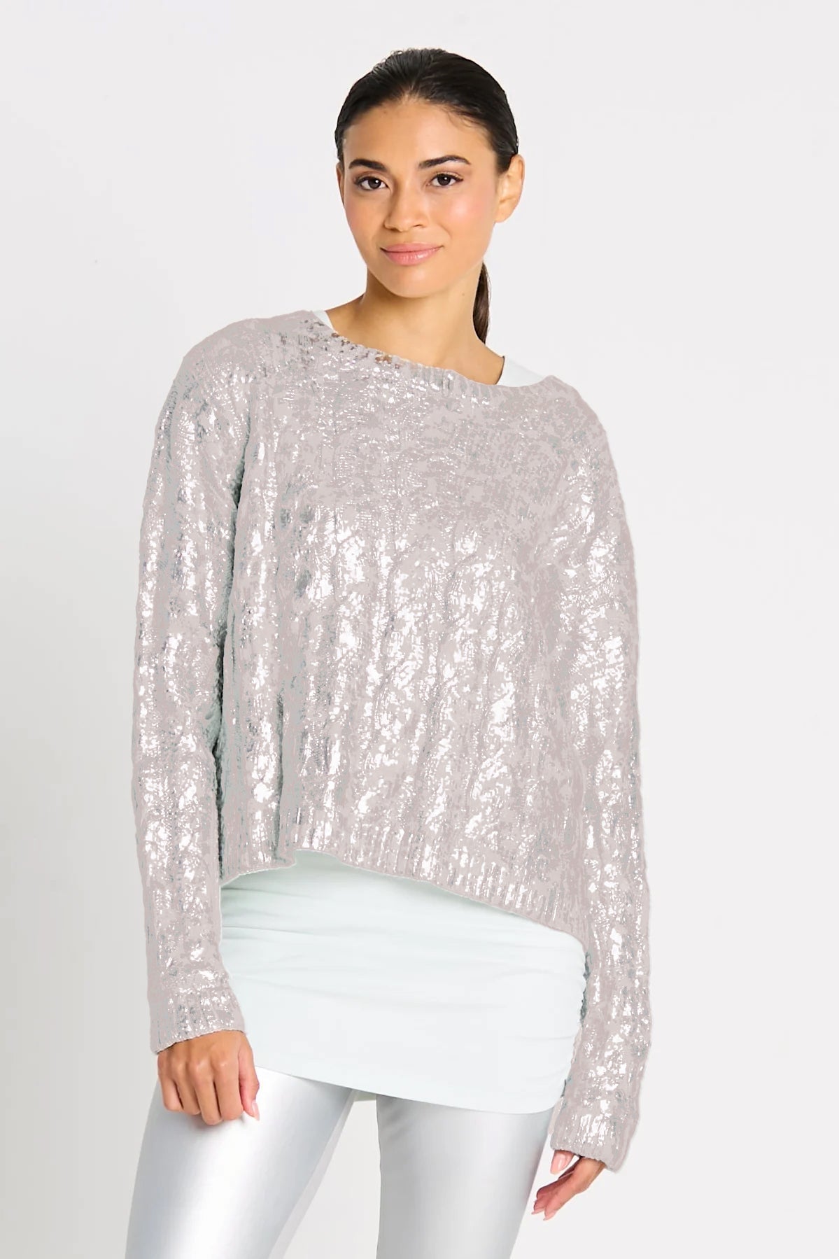Pima Cotton Mini Foil Cable Crewneck Sweater - Putty/Silver - PLANET by Lauren G - Flyclothing LLC