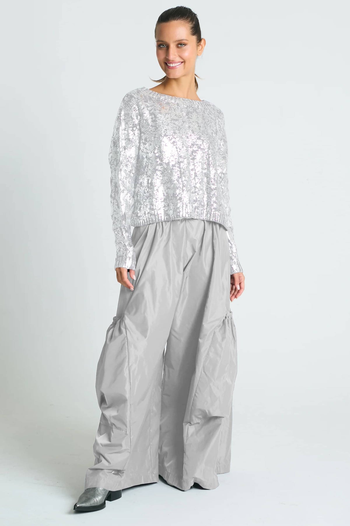 Pima Cotton Mini Foil Cable Crewneck Sweater - White/Silver - PLANET by Lauren G - Flyclothing LLC