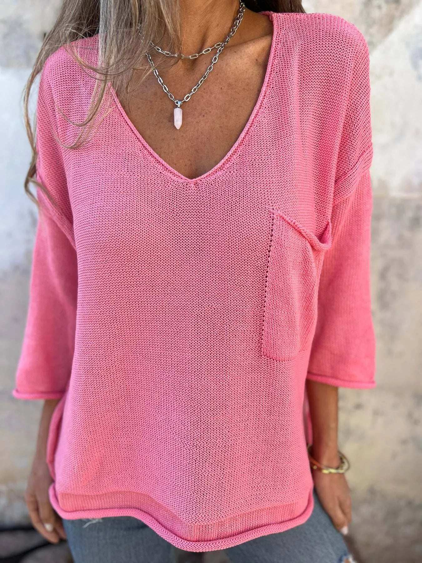 Full Size Casual V-Neck Knit Sweater Plus Size - Trendsi - Flyclothing LLC