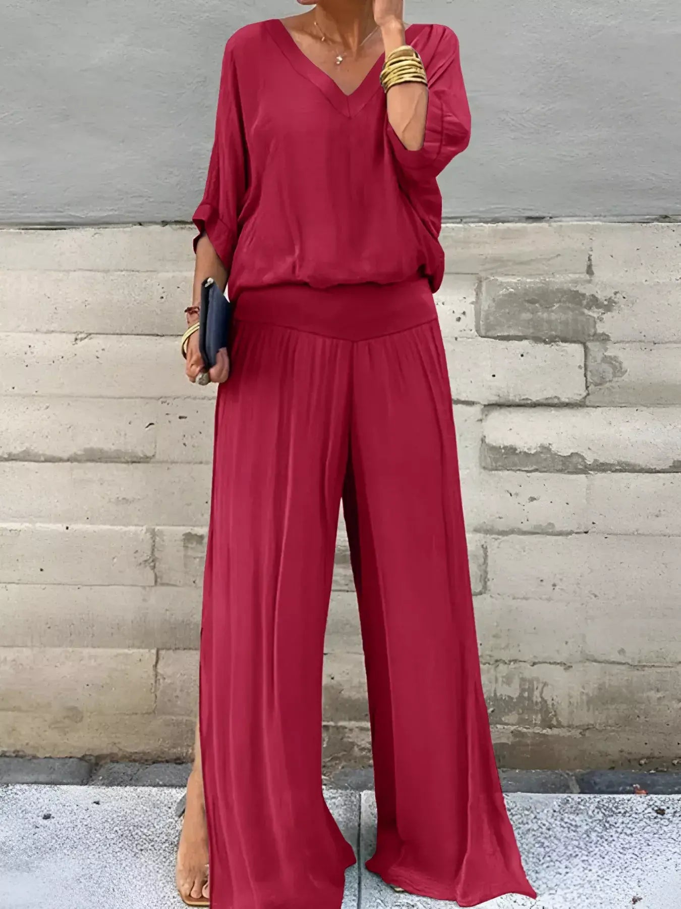 V-Neck Top and Wide Leg Pants Two-Piece Set - Trendsi - Flyclothing LLC