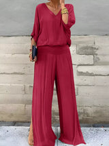 V-Neck Top and Wide Leg Pants Two-Piece Set - Trendsi - Flyclothing LLC