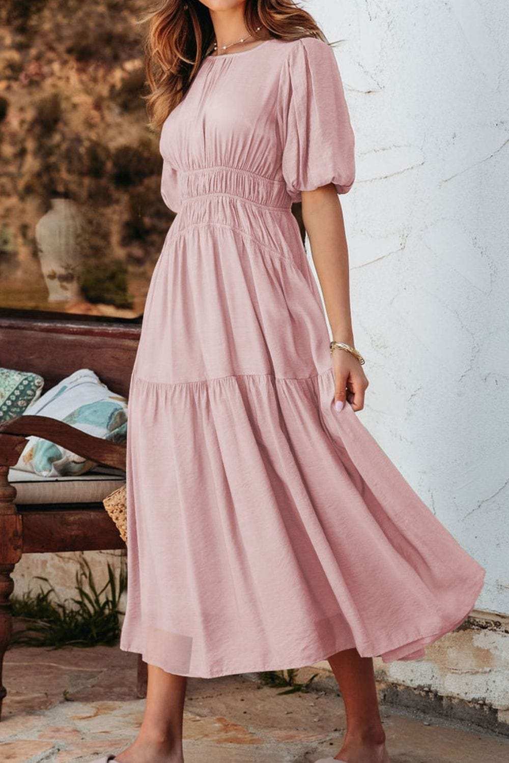 Puff Sleeve Pleated High Waist Flowy Midi Dress - Trendsi - Flyclothing LLC
