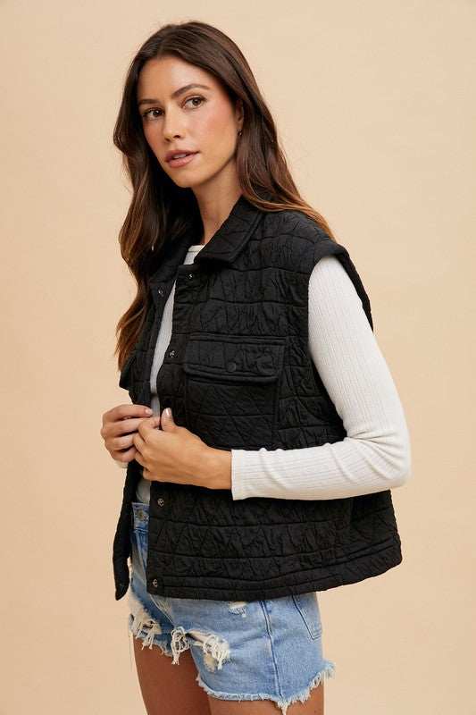 Annie Wear Texture Quilted Snap Down Vest Coat - Trendsi - Flyclothing LLC