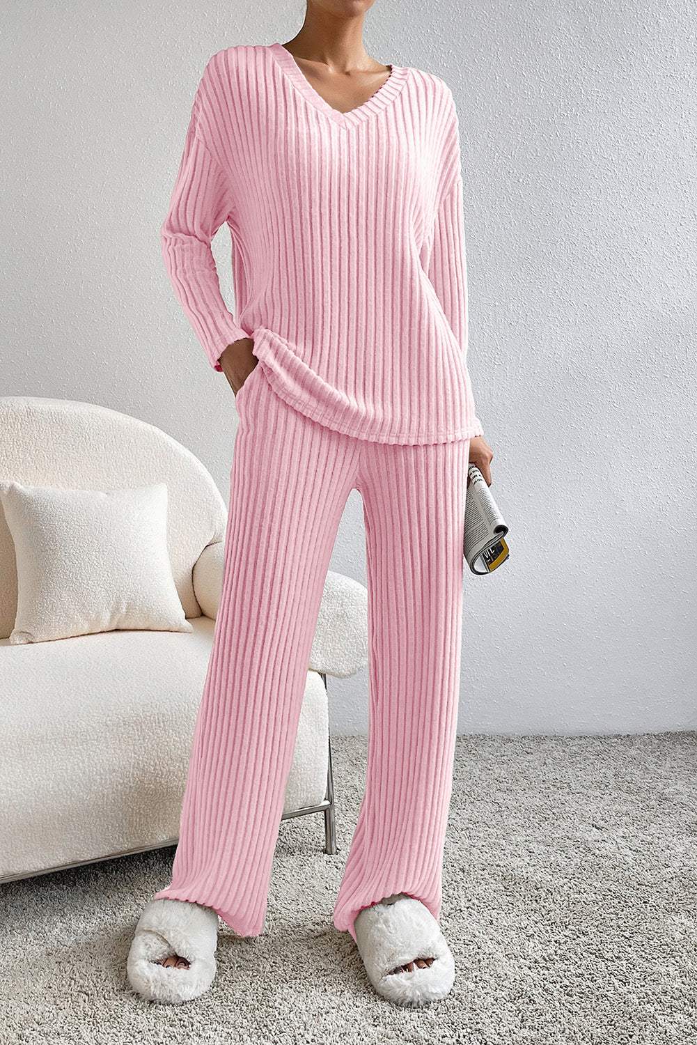 Ribbed V-Neck Top and Pants Lounge Set - Trendsi - Flyclothing LLC