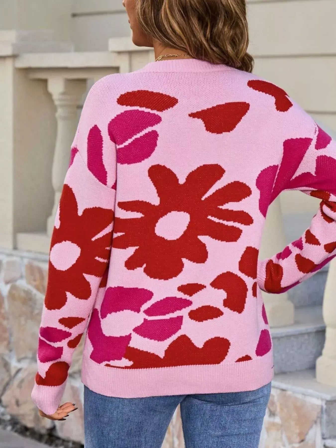 Floral Crew Neck Long Sleeve Sweater - Trendsi - Flyclothing LLC