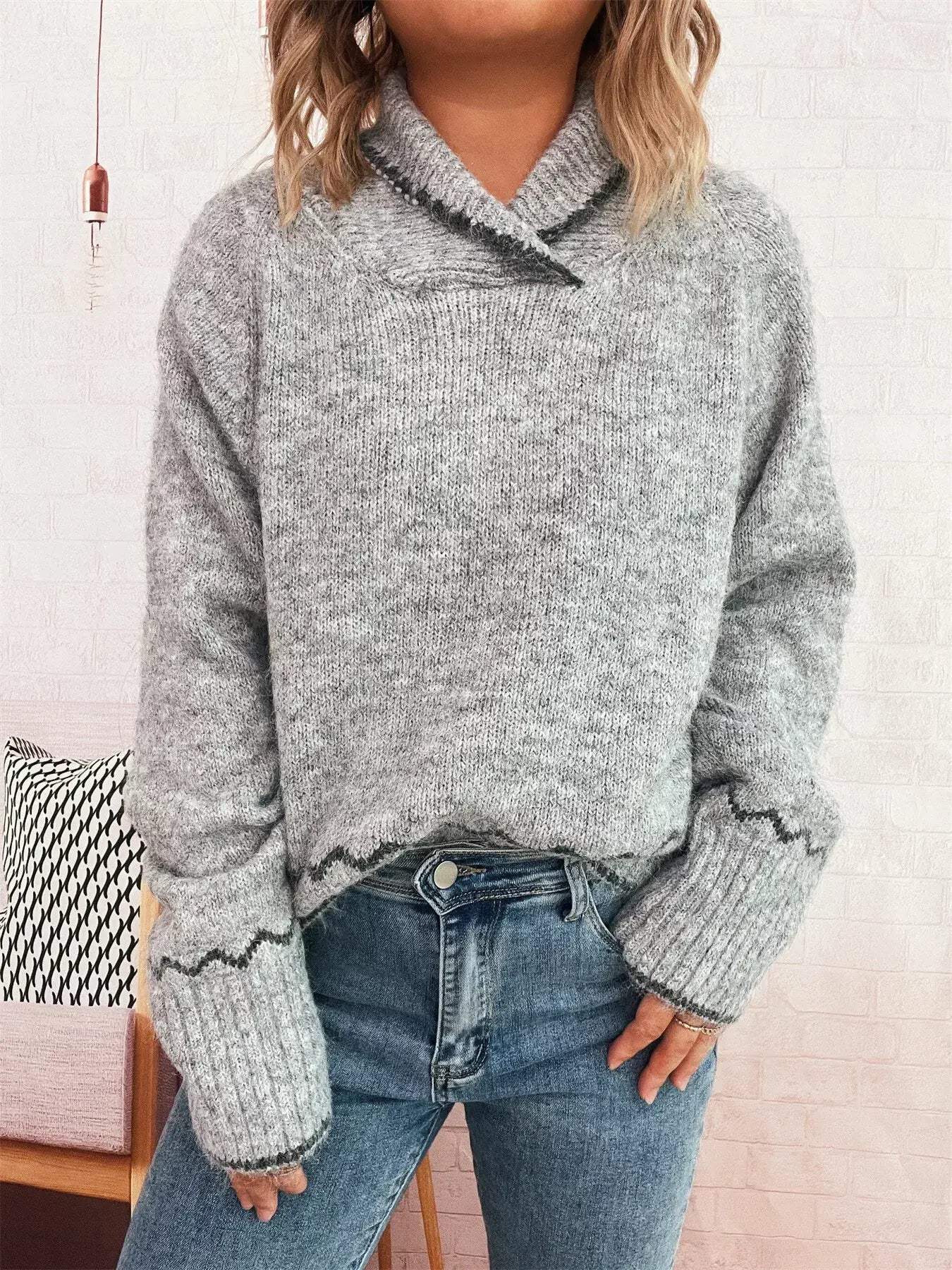 Ribbed Contrast Trim Long Sleeve Sweater - Trendsi - Flyclothing LLC