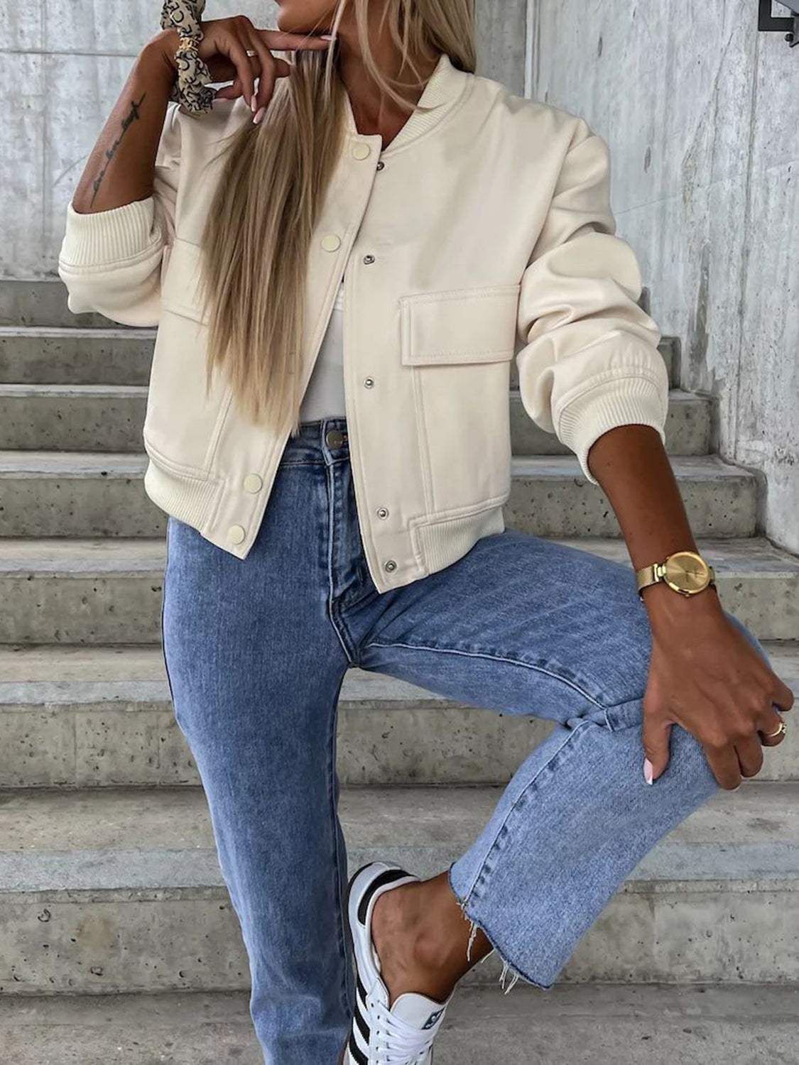 Baseball Collar Dropped Shoulder Jacket - Trendsi - Flyclothing LLC