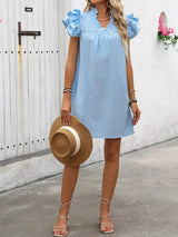Ruffled Notched Cap Sleeve Mini Dress - Trendsi - Flyclothing LLC
