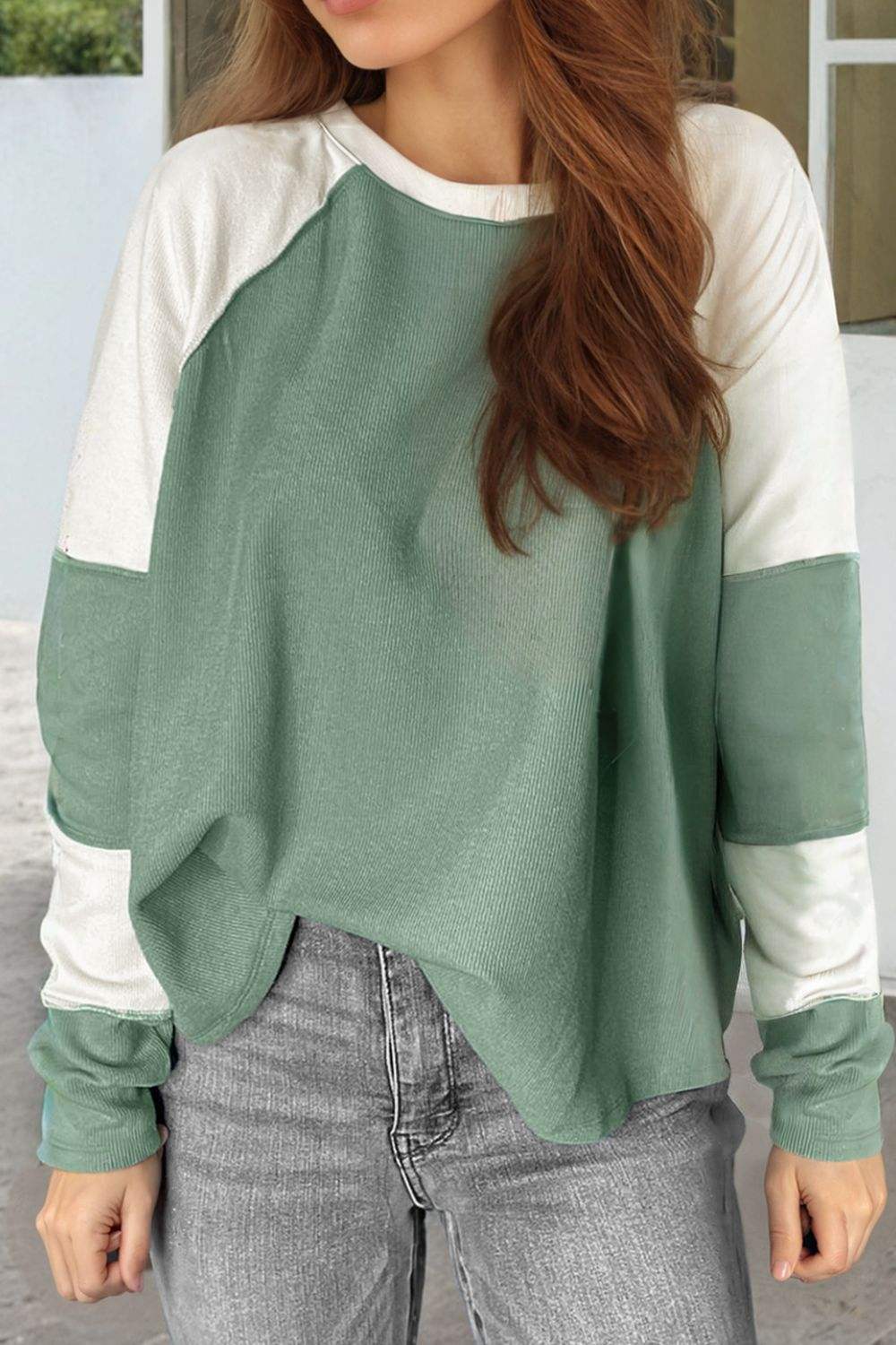 Color Block Round Neck Raglan Sleeve Top - Trendsi - Flyclothing LLC