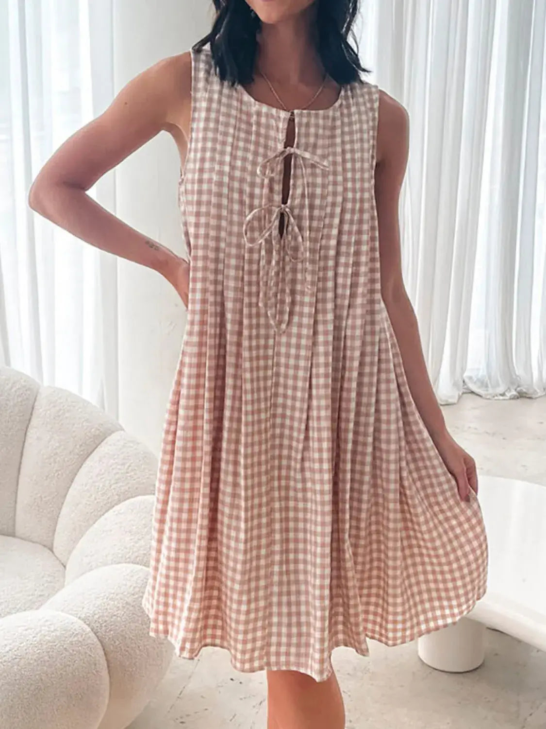 Tied Front Sleeveless Plaid Dress - Trendsi - Flyclothing LLC