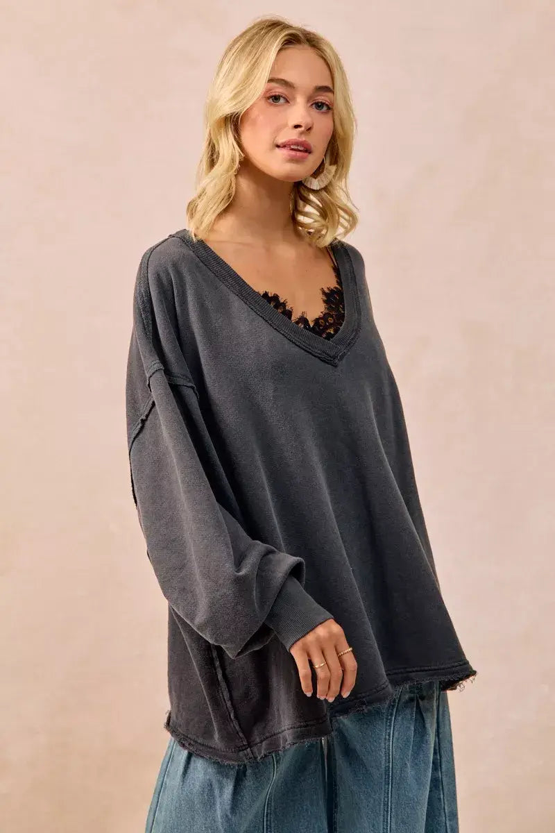 BiBi Mineral Washed French Terry Oversized Sweatshirt - Trendsi - Flyclothing LLC