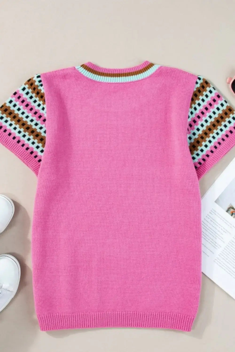 Contrast Short Sleeves Round Neck Sweater - Trendsi - Flyclothing LLC