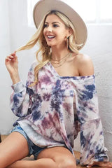 BiBi Tie-Dye V-Neck Long Sleeve Waffle Top - Trendsi - Flyclothing LLC