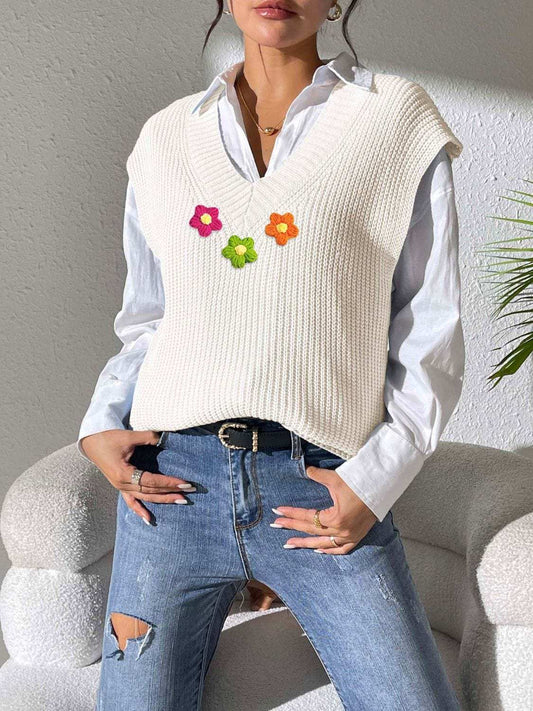 Flower V-Neck Sweater Vest - Trendsi - Flyclothing LLC