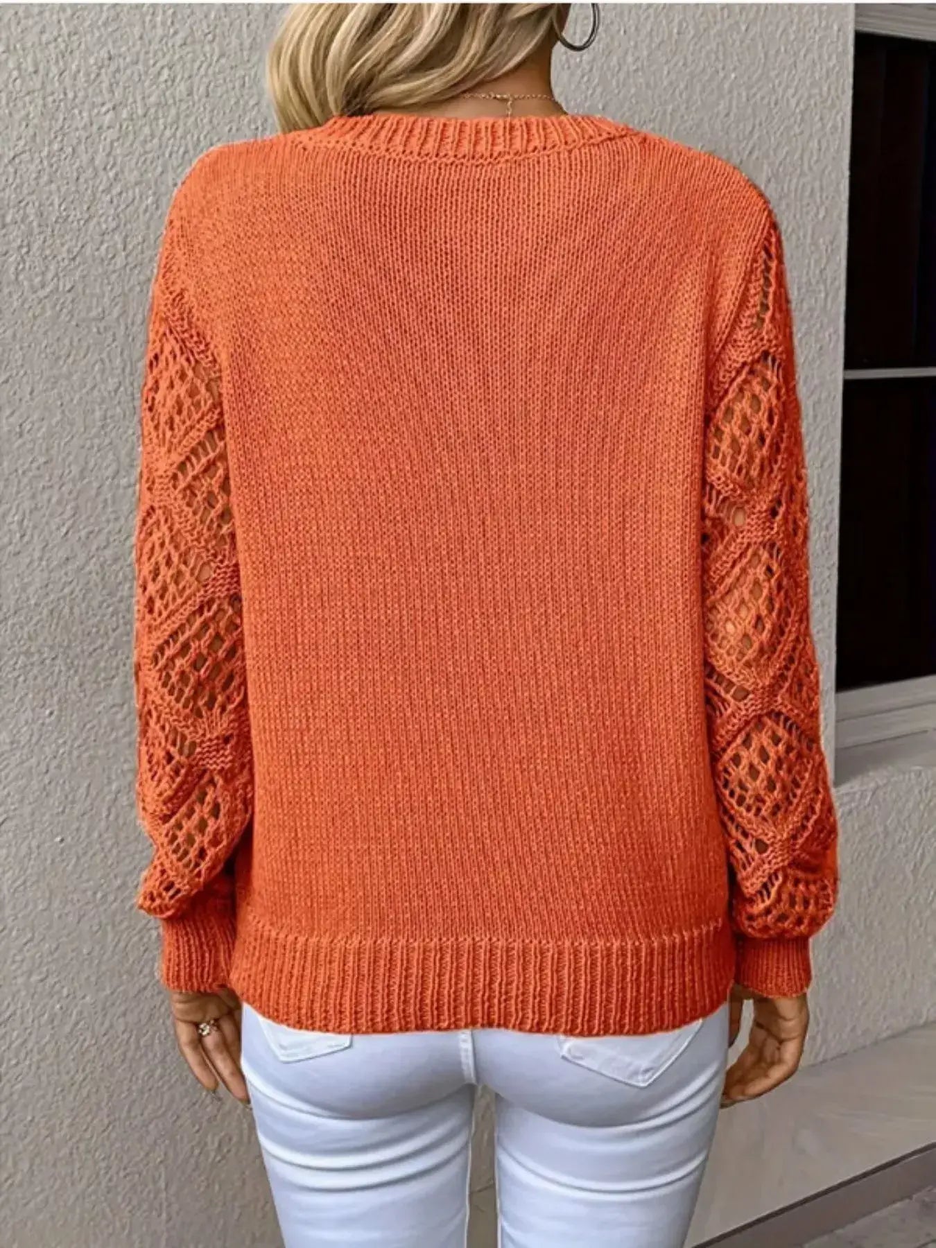 V-Neck Crochet Sleeve Sweater - Trendsi - Flyclothing LLC