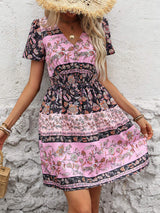 Printed V-Neck Short Sleeve Mini Dress - Trendsi - Flyclothing LLC