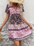Printed V-Neck Short Sleeve Mini Dress - Trendsi