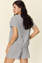 Double Take Full Size Texture Short Sleeve T-Shirt and Drawstring Shorts Set - Trendsi - Flyclothing LLC