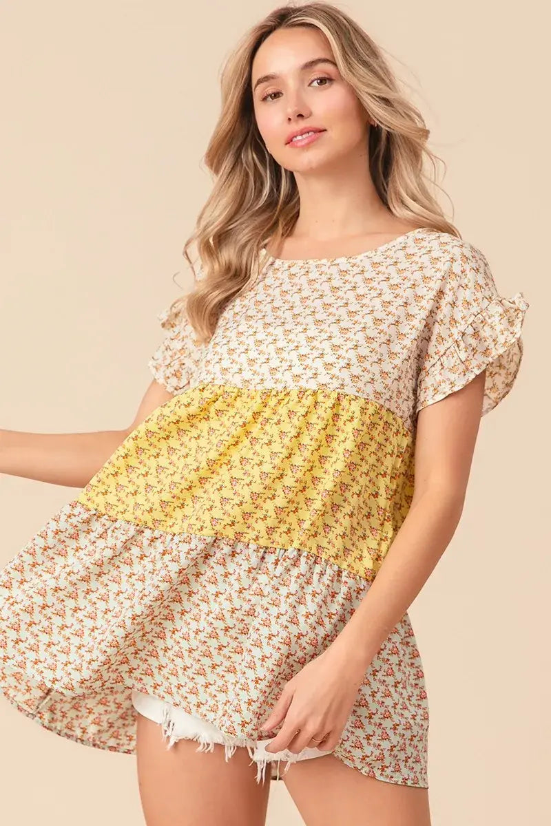 BiBi Flroal Printed Woven Color Block and Tiered Top - Trendsi - Flyclothing LLC