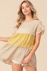 BiBi Flroal Printed Woven Color Block and Tiered Top - Trendsi - Flyclothing LLC