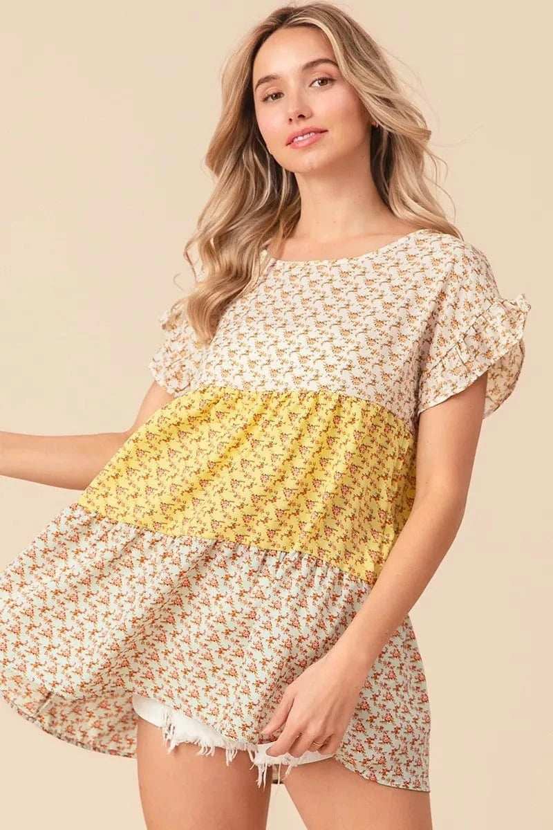 BiBi Flroal Printed Woven Color Block and Tiered Top - Trendsi - Flyclothing LLC