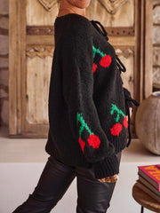 Tied Cherry Round Neck Long Sleeve Cardigan - Trendsi
