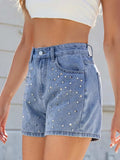 Rhinestone Washed High Waist Denim Shorts - Trendsi - Flyclothing LLC
