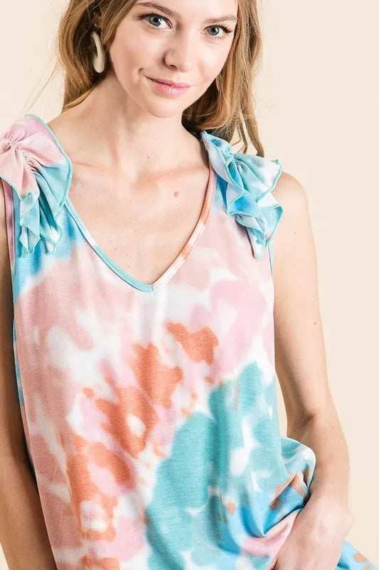 BiBi Circular Tie Dye Knit V Neck Top With Ruffle - Trendsi - Flyclothing LLC