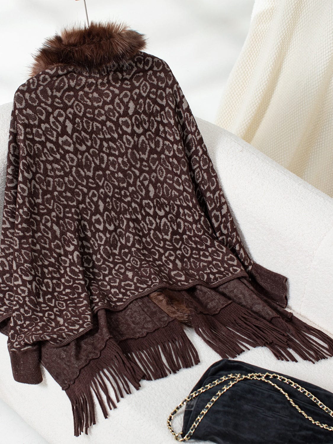 Fringe Leopard Open Front Long Sleeve Poncho - Trendsi