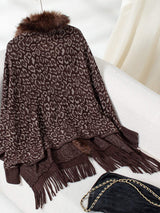 Fringe Leopard Open Front Long Sleeve Poncho - Trendsi - Flyclothing LLC
