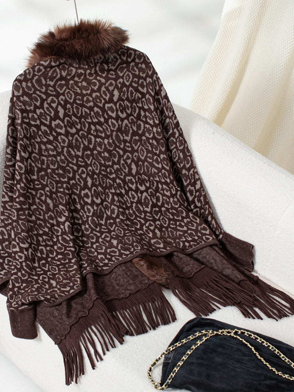 Fringe Leopard Open Front Long Sleeve Poncho - Trendsi - Flyclothing LLC