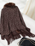 Fringe Leopard Open Front Long Sleeve Poncho - Trendsi